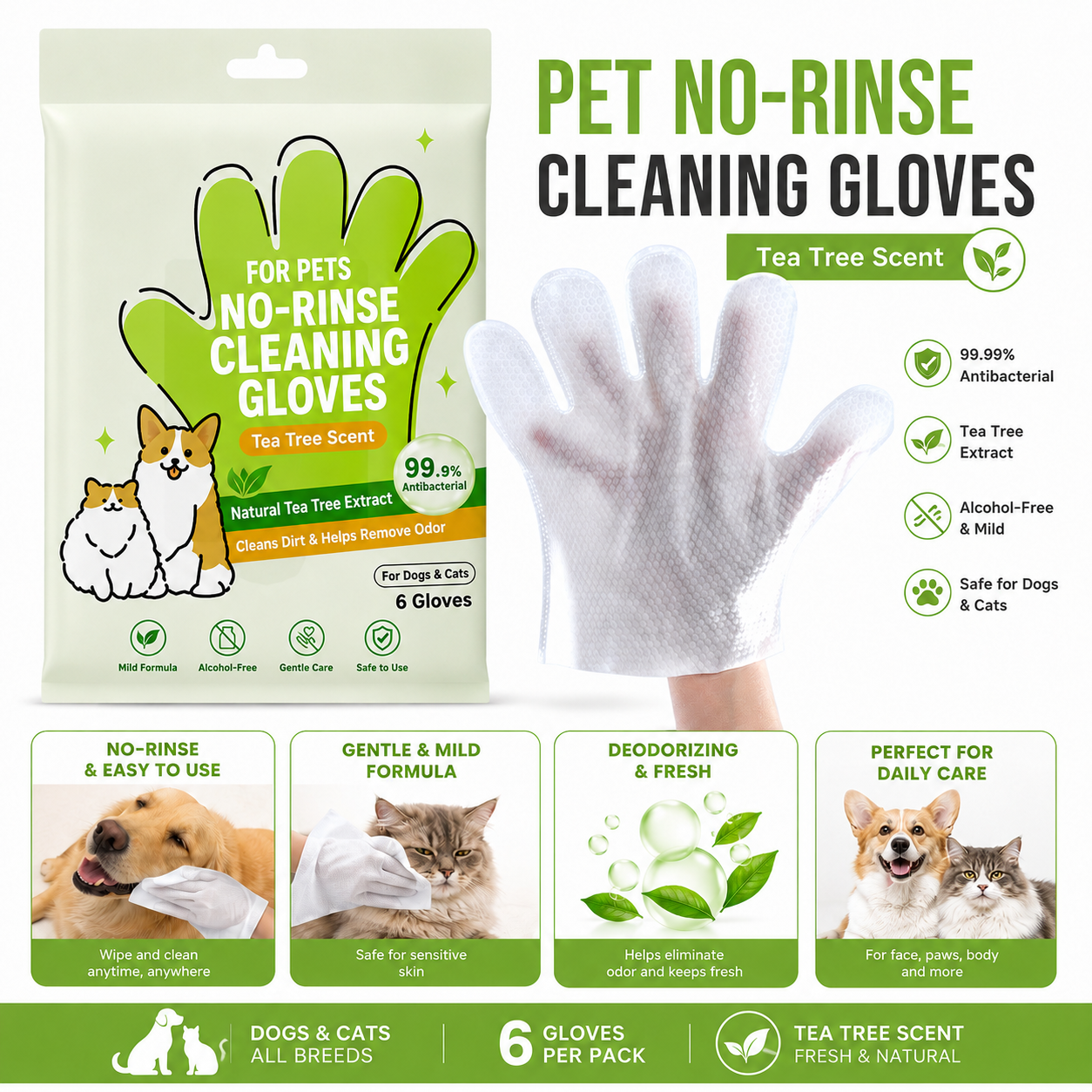 Pet No-Rinse Cleaning Gloves for Dogs & Cats